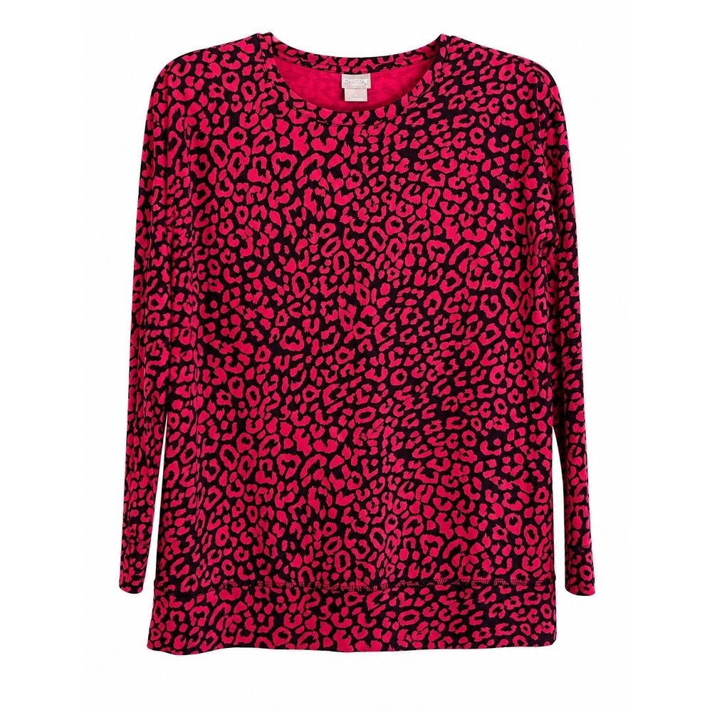 Chico's Zenergy Leopard Print Top Size 0 Small Red Black Stretch Long Sleeve